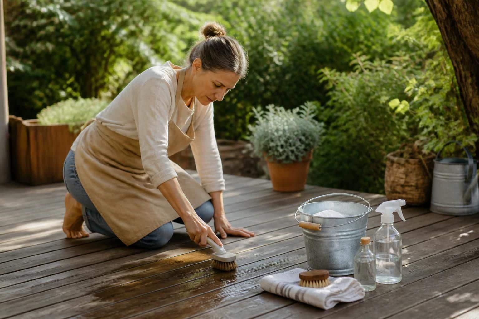découvrez une astuce de grand-mère efficace et naturelle pour nettoyer votre terrasse en bois sans produits chimiques.